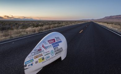 Bike using Kaydon angular contact ball bearings, travelling Nevada for the World Human Powered Speed Challenge