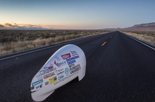 Bike using Kaydon angular contact ball bearings, travelling Nevada for the World Human Powered Speed Challenge