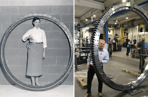 Black and white image of woman standing in large Kaydon bearing, and modern image of man standing next to large Kaydon bearing