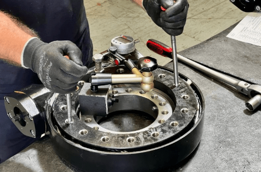 Backlash adjustment for slewing drive bearings.